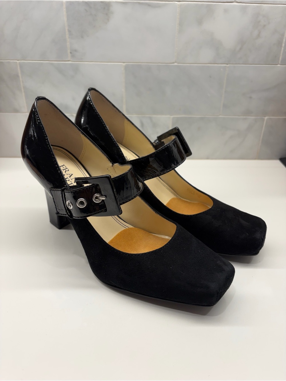 Franco Sarto Black Mary Jane Block Heel Women's Suede / Leather Pumps size 7